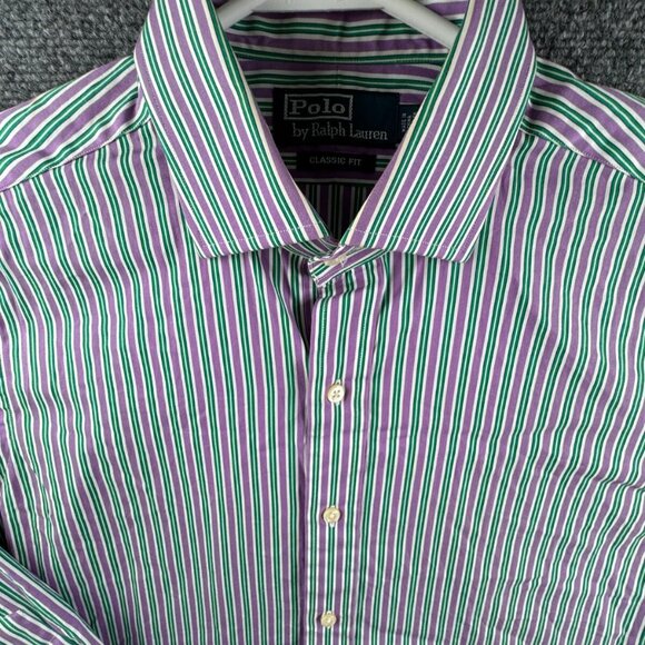 Polo Ralph Lauren Long Sleeve Button Up Striped Purple Green Classic 15.5 32/33 - Picture 1 of 12